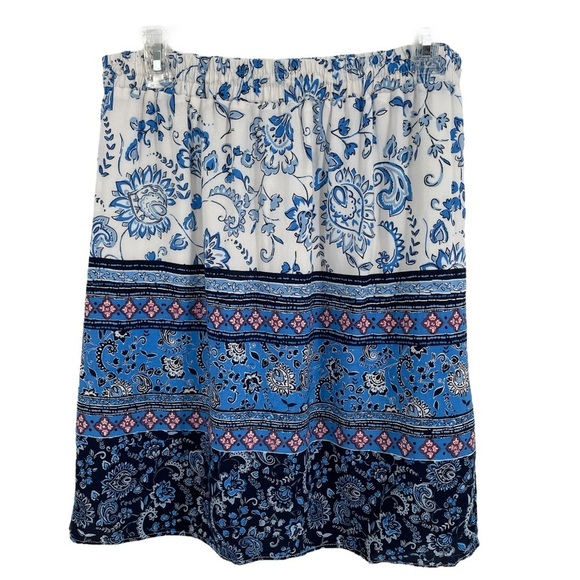 Loft Petites Blue White Border Floral & Paisley Drawstring Lined Skirt - Sz MP - Picture 2 of 13